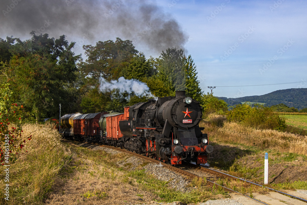 Fototapeta premium historic retro steam locomotive with freight train