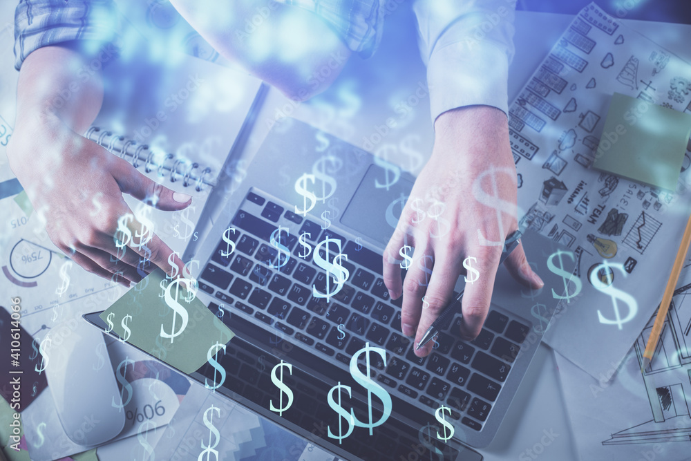 Double exposure of man and woman working together and forex graph hologram drawing. Financial analysis concept. Computer background. Top View. Double exposure of man and woman working together and forex graph hologram drawing. Financial analysis concept. Computer background. Top View.