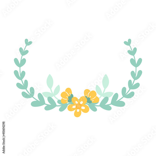 Cute delicate floral frame. Wreath with flowers and leaves. Decoration for wedding invitations and cards. Vector hand illustration isolated on white background