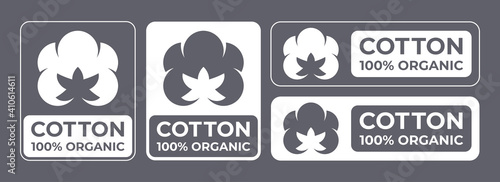 Cotton 100% organic natural fabric logo, vector cotton flower labels for clothes tag and quality certificates