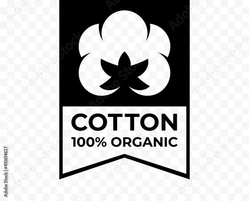Cotton 100% organic tag, natural fabric logo icon, vector cotton flower quality certificate label