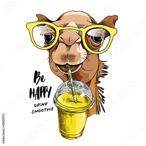 Adorable Camel in a glasses with a Plastic Cup Mockup of Smoothie. Humor card, t-shirt composition, hand drawn style print. Vector illustration.