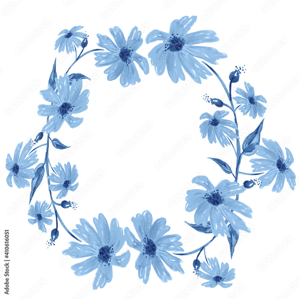 Fototapeta premium Watercolor card, label, drawing of calendula, chamomile, daisy, blue flower. Watercolor drawing, round logo, pattern for your design. hand drawn painting illustration isolated 