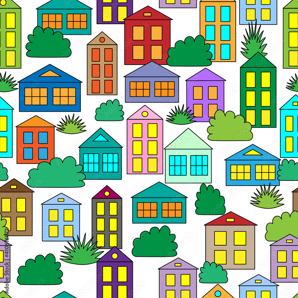 Bright houses and plants seamless background, town pattern on a white background