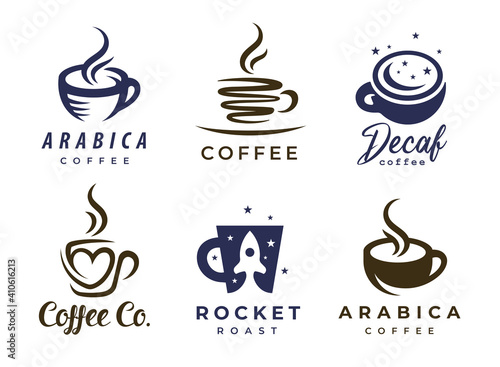 Coffee logo set. Premium espresso icons collection. Cafe Latte hot drink mug symbols. Concept barista coffee cup beverage vector illustrations.