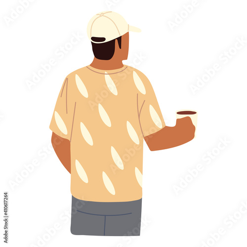 man character wearing sport cap with coffee cup, back view