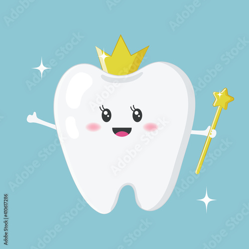 Cute tooth, tooth fairy with a gold crown, and magic wand isolated on blue background. Vector illustration for Tooth Fairy Day on February 28th