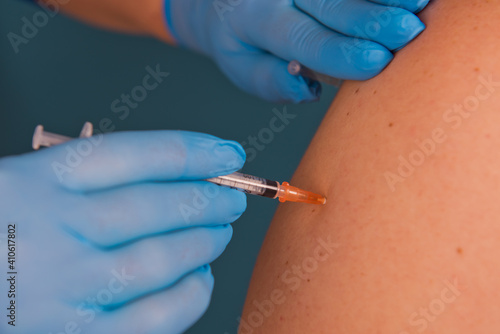 Close-up of vaccination of the Covid-19 coronavirus vaccine.