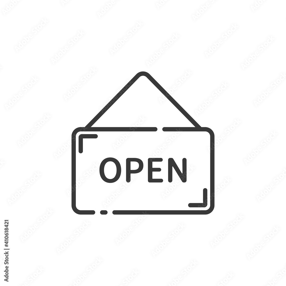 Open notice thin line icon. Label with text. Outline commerce vector illustration Open notice thin line icon. Label with text. Outline commerce vector illustration