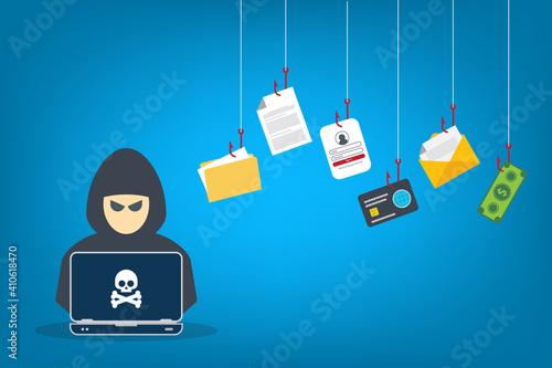 Fotobehang Hacker with laptop computer stealing confidential data, personal information and credit card detail