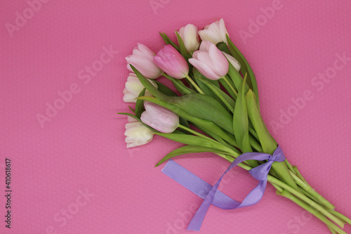 bouquet of pink and white tulips on the pink background