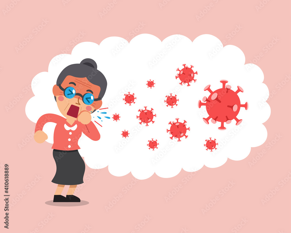 Covid-19 protection concept senior woman coughing and virus spread in the air for design. Covid-19 protection concept senior woman coughing and virus spread in the air for design.
