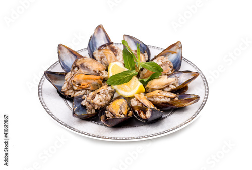 Midye dolmasi, stuffed mussels, turkish food isolated on white background