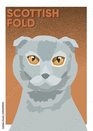 Scottish fold cat portrait poster for print. Funny beutiful cute gray cat. Lop-eared cat portrait. Gray cat on orange background. Vector poster for interior, print, magazine, blogpost