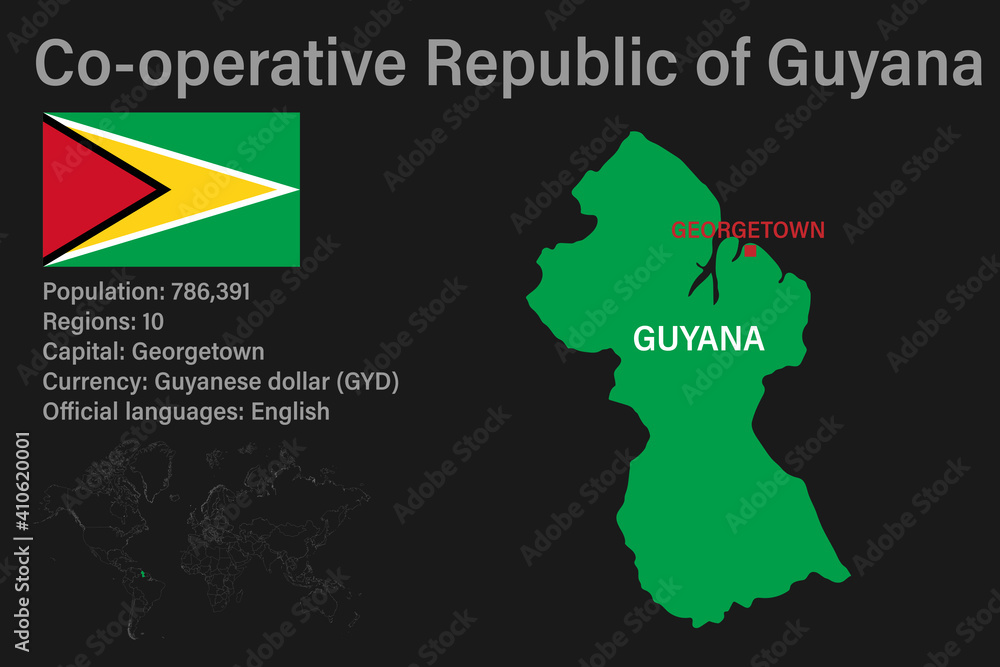 Highly detailed Guyana map with flag, capital and small map of the world