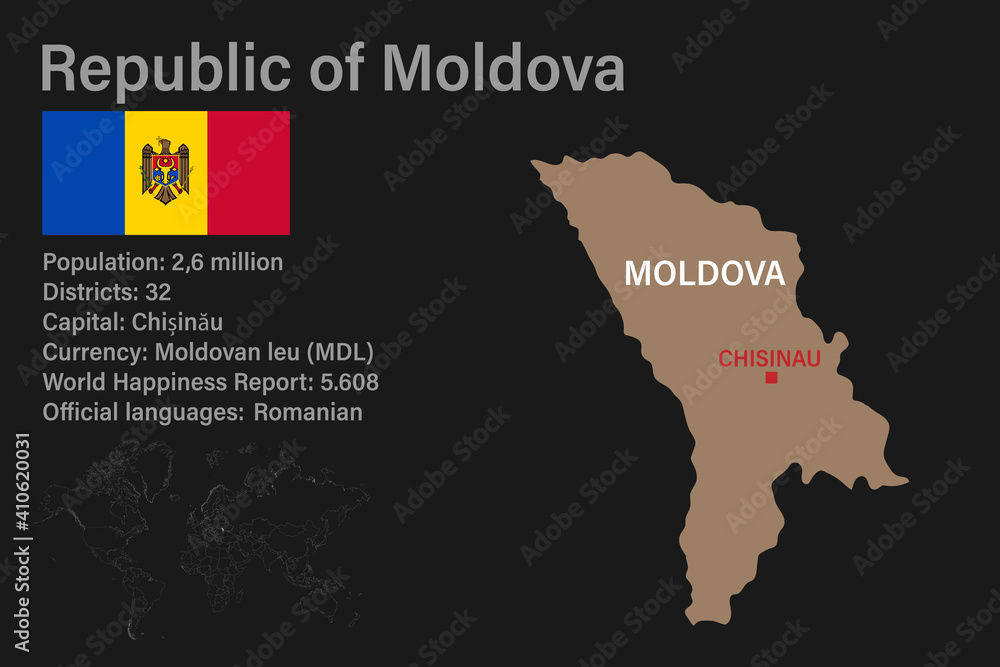 Highly detailed Moldova map with flag, capital and small map of the world