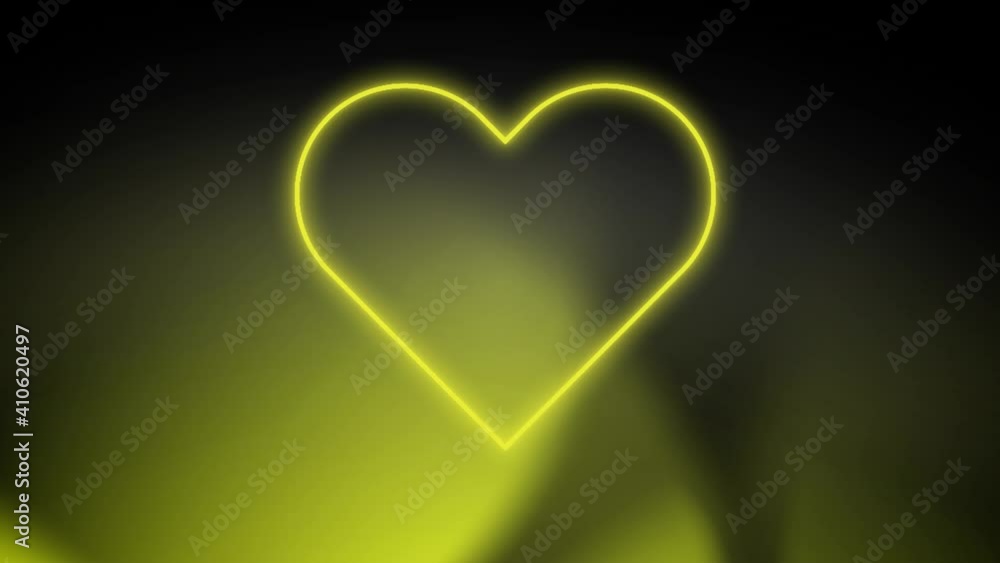 Animation of yellow neon heart flashing on dark background with moving yellow lights Animation of yellow neon heart flashing on dark background with moving yellow lights