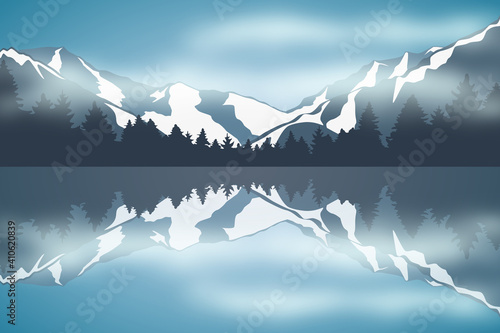 blue snowy mountain landscape by the lake winter background vector illustration EPS10