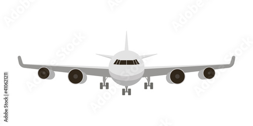 White airplane from front. Aircraft, airplane, airliner. Aviation, flight plane. Vector isolated illustration on white background