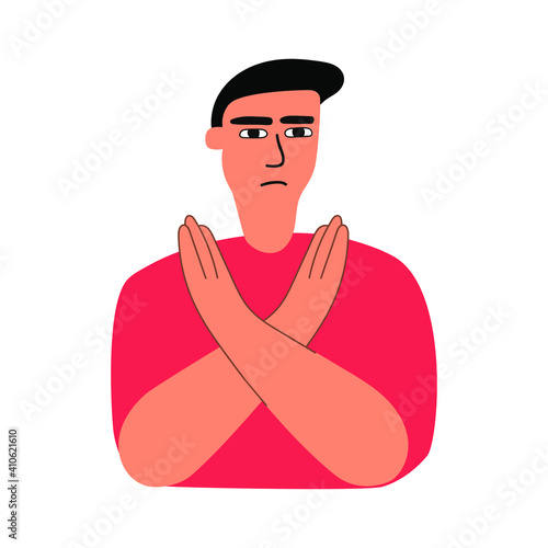 Young man with crossed hands. Illustration of person showing stop gesture on white background.