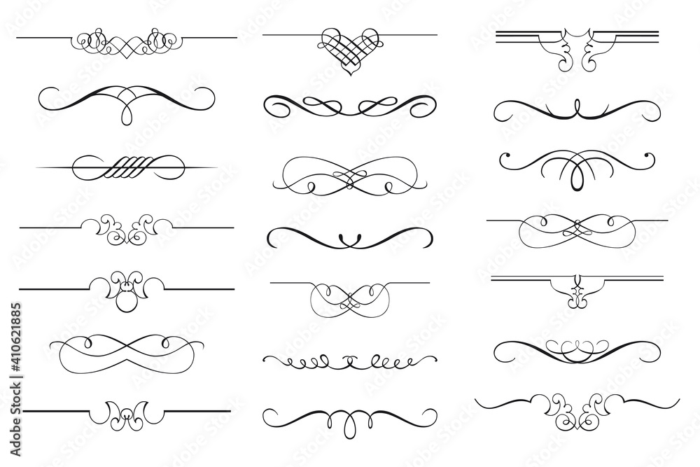 Vector set of calligraphic design elements and page decor. Vintage and filigree decoration set. Filigree divider wedding Invitation.