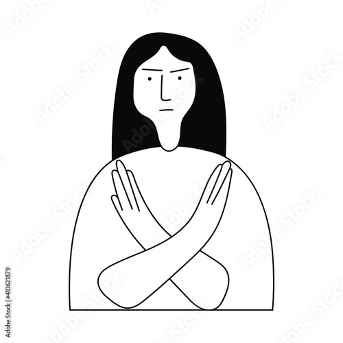 Outline of young woman showing stop sign, crossed hands. Icon Illustration on white background.