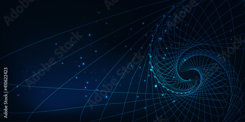 Futuristic science and technology abstract banner with glowing low polygonal spiral pattern