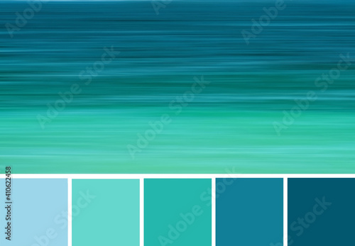 Color palette swatches of abstract blurred shapes of turquoise and dark blue sea water. Trendy combination of cold aqua colors, inspired by natural beauty. 