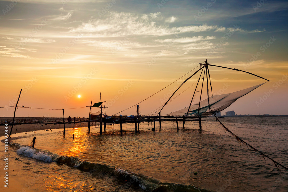 Chinese fishnets on sunset. Kochi, Kerala, India Chinese fishnets on sunset. Kochi, Kerala, India