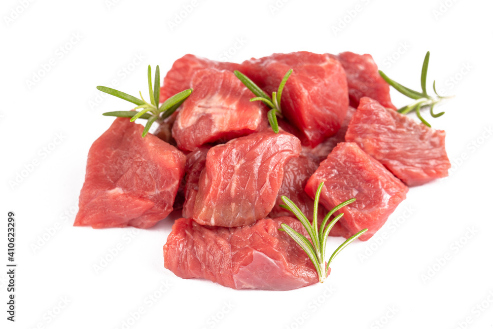 Heap of raw chopped beef isolated on white background