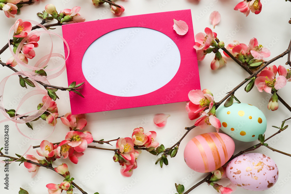 Easter card mockup. Easter eggs, spring flowers  and willow twigs 