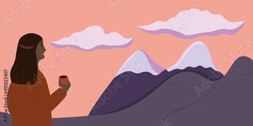 Woman traveler drinking coffee admiring the sunset over the mountains. Cartoon vector illustration. Active lifestyle, hiking in the mountains. Enjoy the views of pristine nature