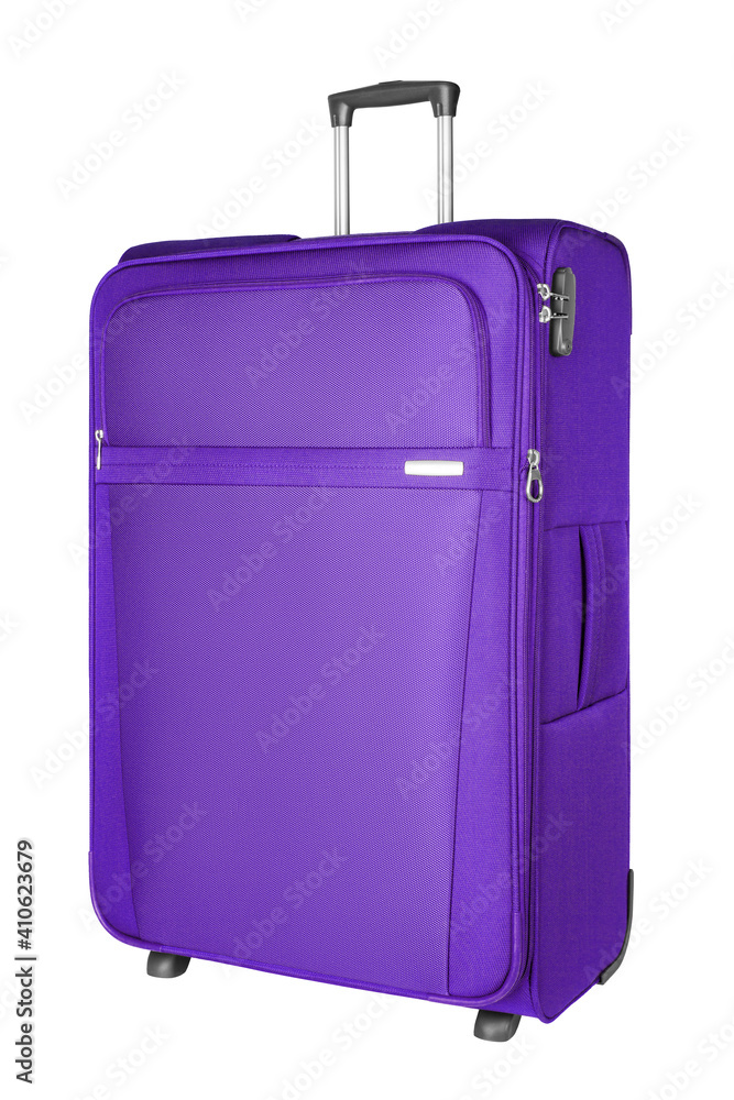 Purple fabric travel suitcase with zipper handle lock white