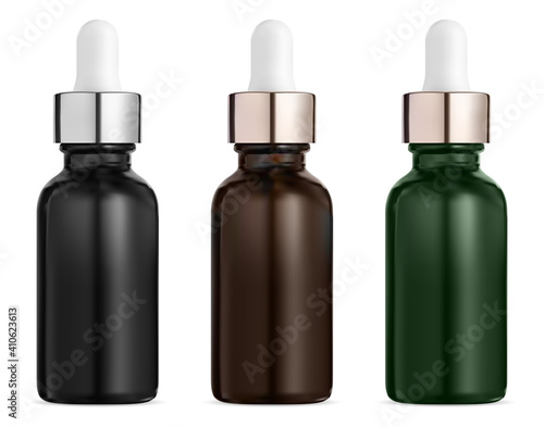 Cosmetic dropper bottle mockup. Medical serum drop. Brown glass bottles, medicime product design 3d mockup. Amber apothecary flask with pipette. Beauty collagen eyedropper vial, natural oil flacon