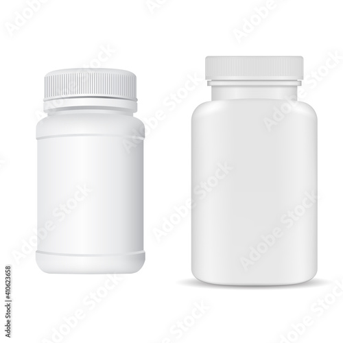 White plastic vitamin pill jar. Supplement bottle blank, 3d package with cap. medicine capsule jar mock up template, vector. Medical product bottle for prescription aspirin drug. Sport drugs