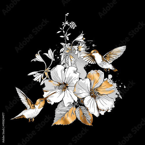 Exotic Tropical Hibiscus flowers and hummingbirds. Gold and silver composition on a black background. Inspiration typography poster, card design, hand drawn style t-shirt print. Vector illustration.