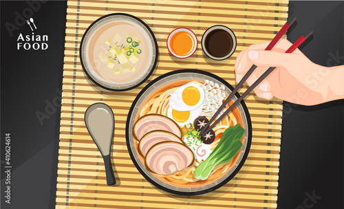 Japanese ramen noodle, Traditional Asian noodle soup, Illustration vector.