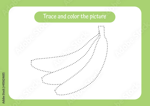 Banana. Trace and color the picture. Educational game for children. Handwriting and drawing practice. Fruit theme activity for toddlers, kids.