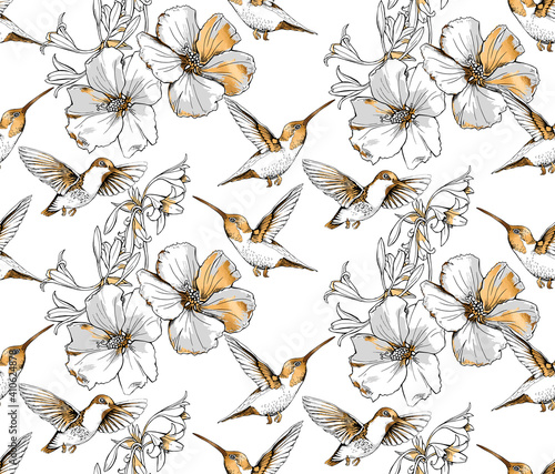 Seamless pattern. Exotic Tropical Hibiscus flowers and hummingbirds. Gold and silver composition on a white background. Textile composition, hand drawn style print. Vector illustration.
