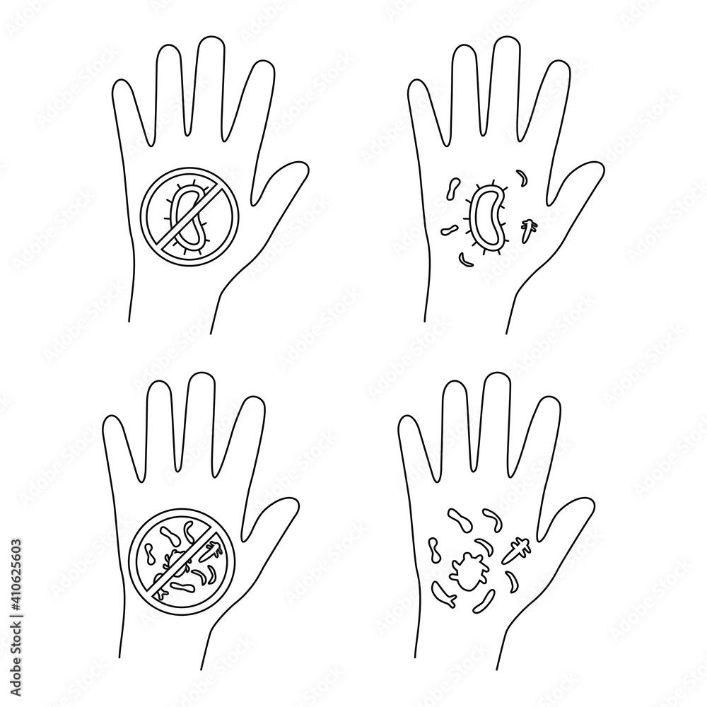Fototapeta premium Hand with bacteria and virus. Infection spread. Germs on a dirty hand. Non bacteria concept. Protecting cover. No touch icons. Editable stroke. Vector