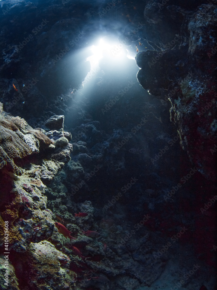 Sunlight in an underwater cave (Ras Mohammed, Sharm El Sheikh, Red Sea, Egypt)