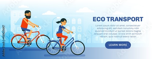 Man and woman ride bicycles on the city background. Eco transport flyer. People cyclists. Vector cartoon illustration.