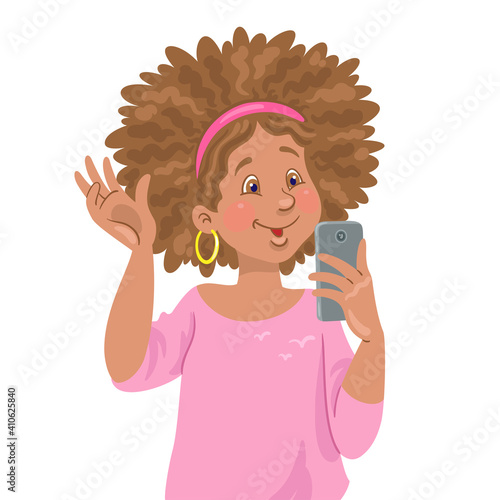Cute African American girl takes selfie on a smartphone. The young woman is a blogger. In  cartoon style. Isolated on white background. Vector flat illustration
