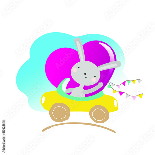 Vector illustration with a cute rabbit in a car with a heart. Cheerful kind gentle childish print, poster, design. Cartoon rabbit. Declaration of love, congratulations. Isolated. Valentine. Flags