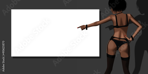 rear view of gorgeous attractive slim lady dressed in  underwear showing finger