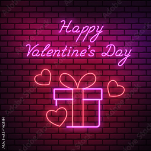 Neon valentine's day illustration with gift and hearts