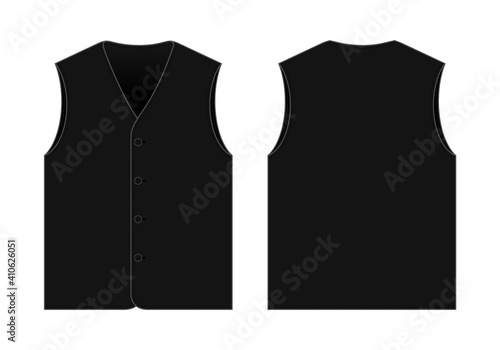 Blank Black Vest Template on White Background. Front and Back Views, Vector File.