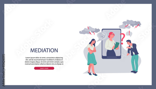 Business mediation in negotiations website banner template with mediator resolving conflict online and arguing people, flat vector illustration. Business people referee and find compromise.