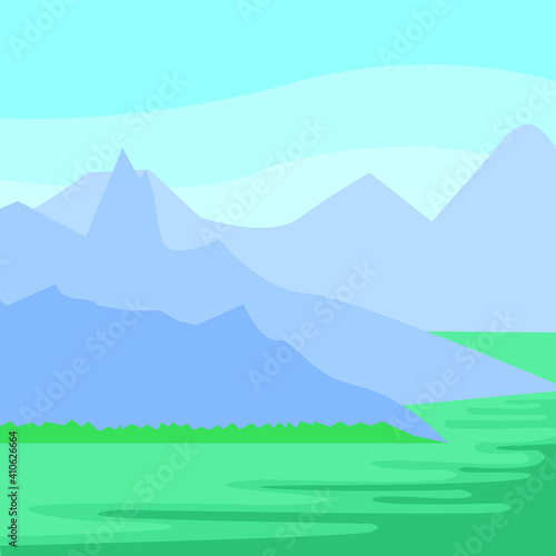 Mountaineering and Traveling Vector flat Illustration. Landscape with Mountain Peaks and sea . Extreme Sports, Vacation and Outdoor Recreation Concept