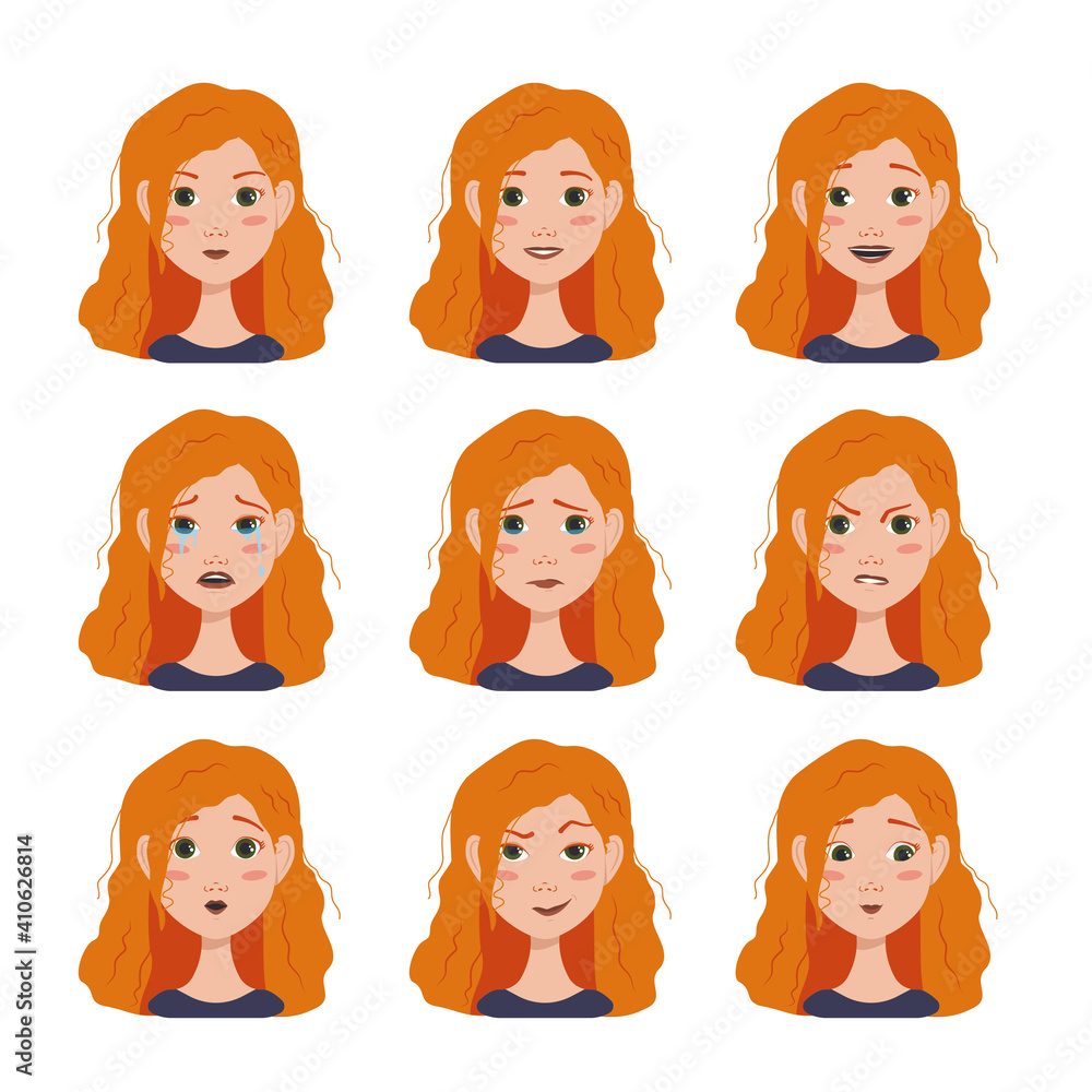 Set of facial expressions avatars woman with red hairs with different emotions Set of facial expressions avatars woman with red hairs with different emotions